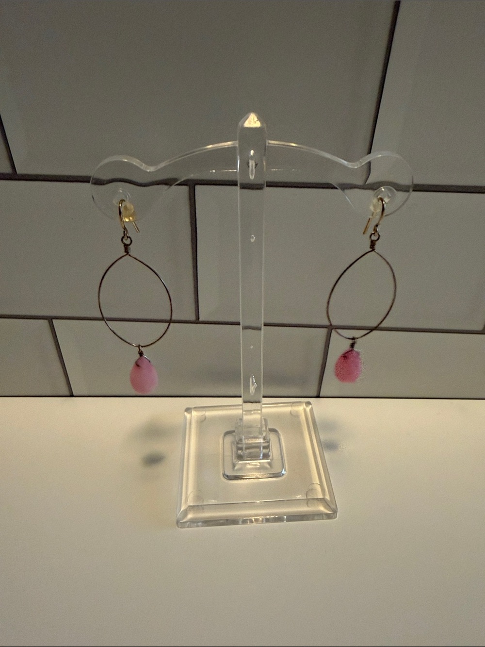 Pink Teardrop Hoop Earrings - Unbranded